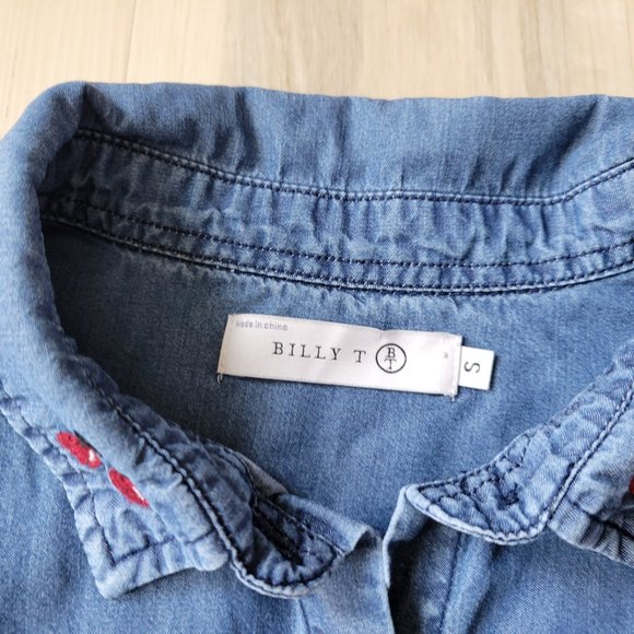 BILLY T Size Small Button Down Denim Shirt Cherry Pattern Blue Red Lyocell - Picture 4 of 11